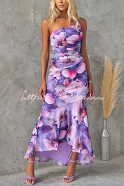 Floral Mesh One Shoulder Ruched Maxi Dress