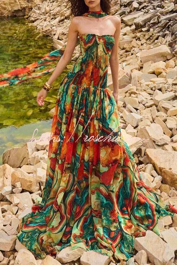 Colorful Lava Print Off Shoulder Smocked Maxi Dress