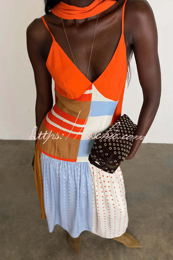 Color-Block Polka Dot Print Pleated Maxi Dress