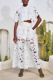 Floral Lace Cropped Shirt & Wide Leg Pants Set with Belt