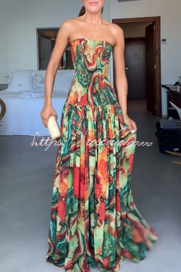 Colorful Lava Print Off Shoulder Smocked Maxi Dress