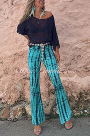 Tie Dye Ruched Lace-Up Waist Stretch Flare Pants