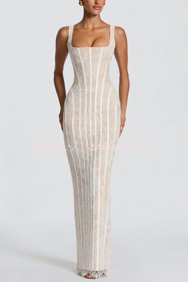 Floral Lace Square Neck Lace-Up Slit Maxi Dress