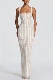 Floral Lace Square Neck Lace-Up Slit Maxi Dress