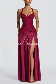 Crepe Lace Bodice Halter Chiffon Pleated Maxi Dress