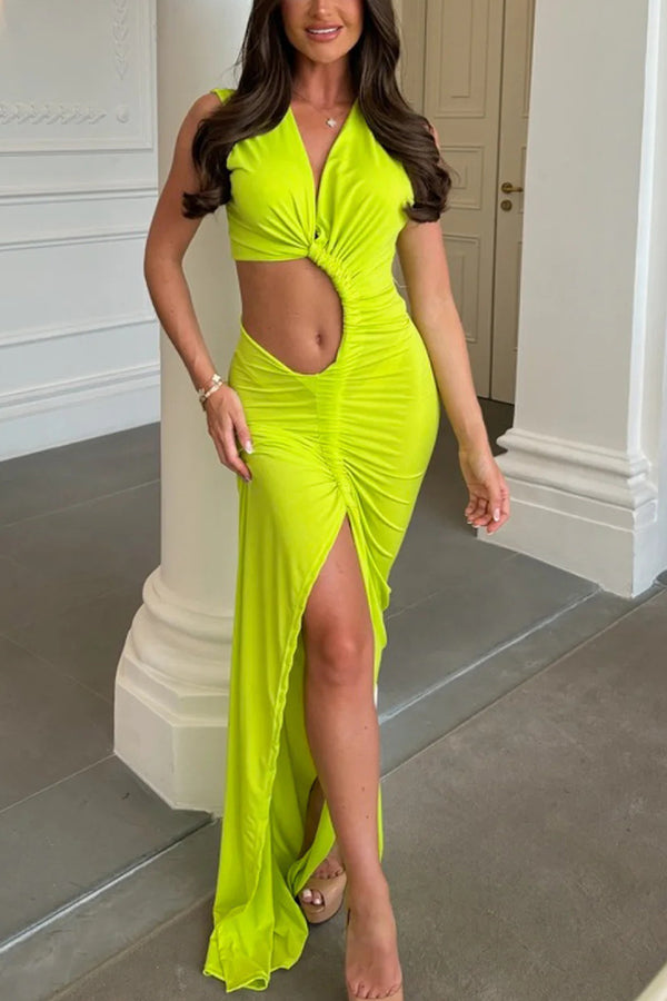 Deep V-Neck Cutout Stretch Maxi Dress for Vacation & Party