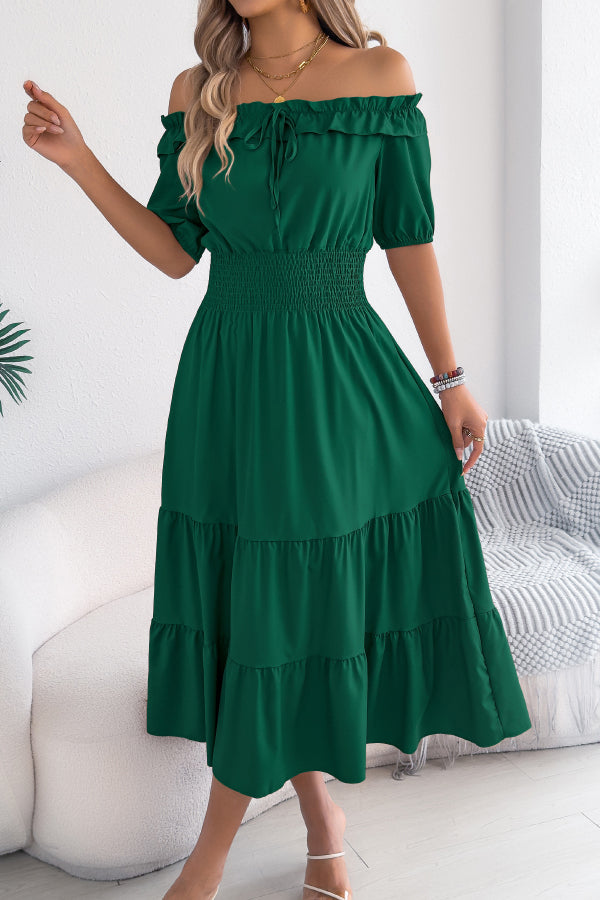 Off-Shoulder Pleated Midi Dress – Casual Vacation Style