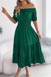 Off-Shoulder Pleated Midi Dress – Casual Vacation Style