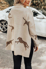 Leopard Print High Neck Relaxed Sweatshirt with Side Slit