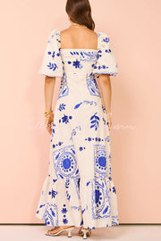 Sherbert Linen Blend Square Neck Bubble Sleeve Maxi Dress