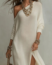 Bohemian One-Shoulder Textured Maxi Dress in Ivory