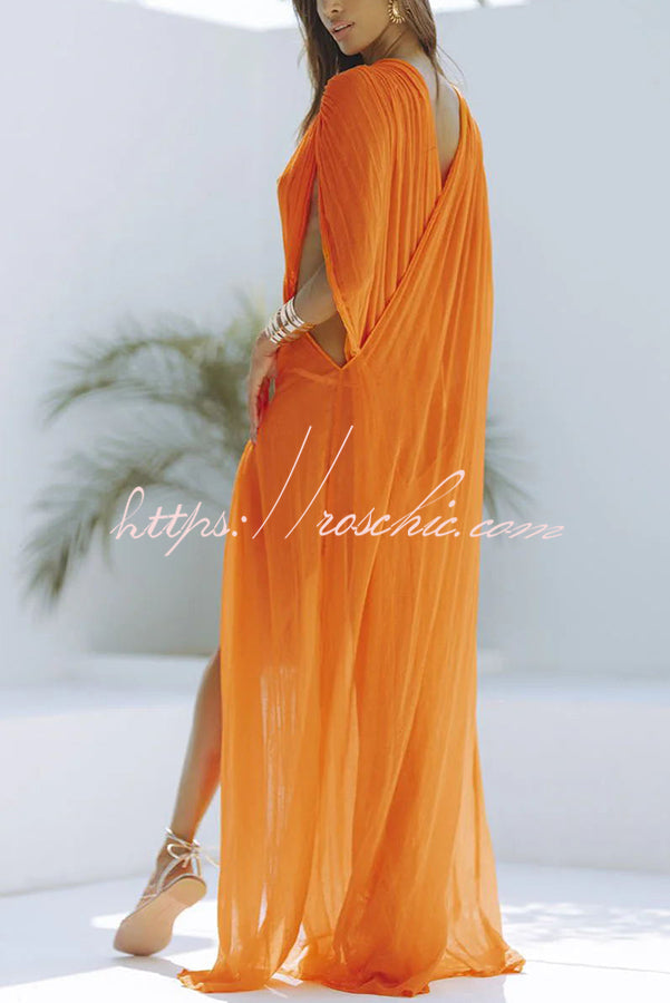 Linen Blend Ruched Shoulder Maxi Dress | Vacation Cover Up