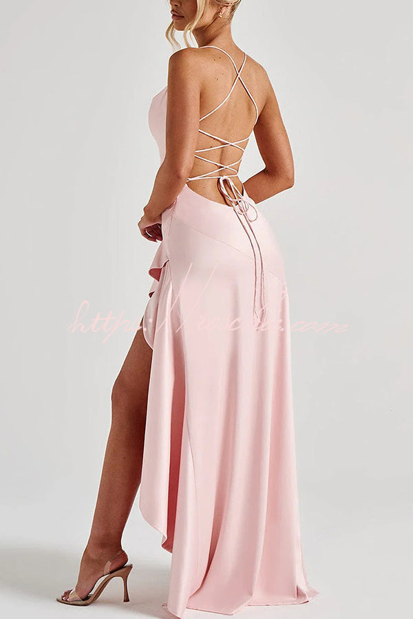Satin Back Lace-Up High Low Ruffle Maxi Dress