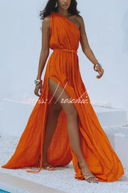 Robe longue asymétrique en lin mélangé avec fente tressée