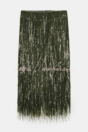 Sequin Tassel Midi Skirt – High-Rise Back Zipper Party Skirt