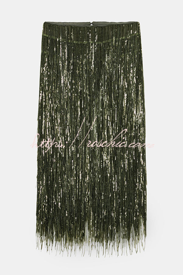 Jupe midi à pompons et sequins – Jupe de soirée taille haute avec fermeture éclair dans le dos