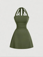 Women's Ruched Halter Dress – Sleeveless A-Line Summer Dress