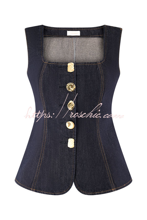 Denim Square Neck Sleeveless Button-Up Vest Top