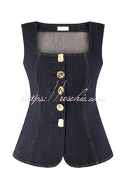 Denim Square Neck Sleeveless Button-Up Vest Top