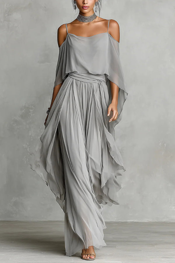Chiffon Off-Shoulder Camisole & Wide-Leg Pants Set