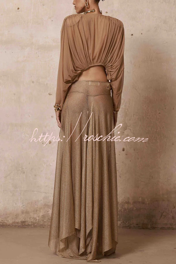 Metallic Knit Long Sleeve Crop Top and Maxi Skirt Set