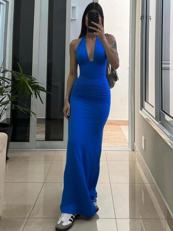 Women's Solid Color Backless Halter Neck Slip Dress, Plain Sleeveless Tie-back Lace-up Bodycon Long Dress, Birthday Party Club Date Evening Formal Wear Gown Maxi Dress, Ladies Summer Clothes