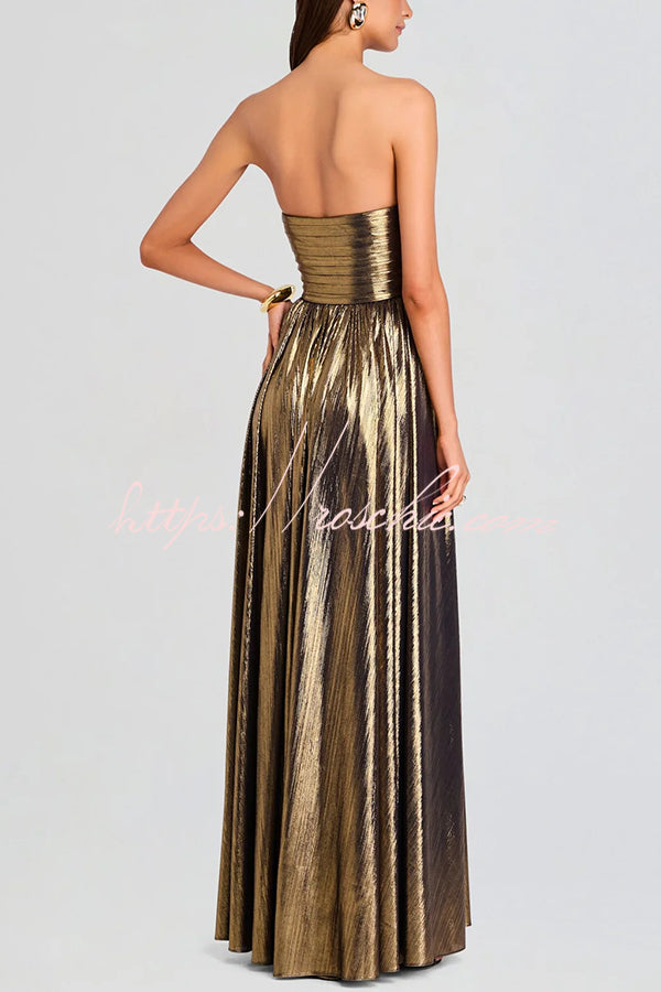 Metallic Pleated Off-Shoulder Maxi Dress with Thigh-High Slit