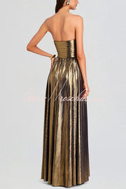 Metallic Pleated Off-Shoulder Maxi Dress with Thigh-High Slit