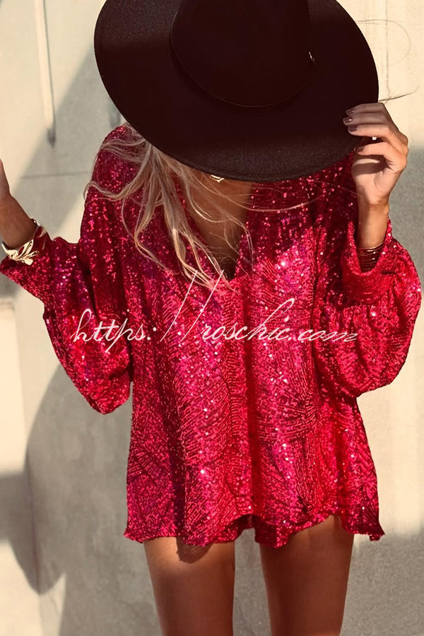 Ensemble haut à manches longues et short à taille élastique à paillettes et col en V