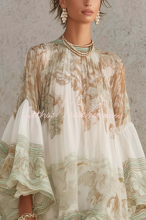 Printed Ruffle Mini Dress with Bell Sleeves