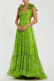 Floral Chiffon Tiered Ruffle Cutout Back Maxi Dress