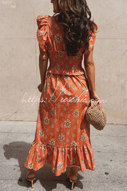 Printed Flutter Sleeve Smocked Top & Maxi Skirt Set
