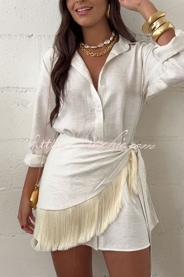 Linen Blend Blouse & Tassel Mini Dress Cover-Up Set