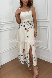 Linen Blend Floral Cutout Waist Smocked Slit Maxi Dress