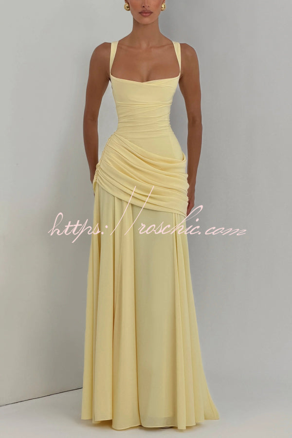 Spaghetti Strap Square Neck Pleated Maxi Dress – Slim Fit
