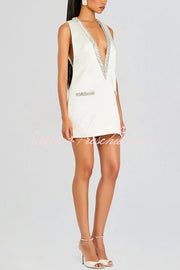 Satin Deep V-Neck Mini Dress with Gemstone Trim