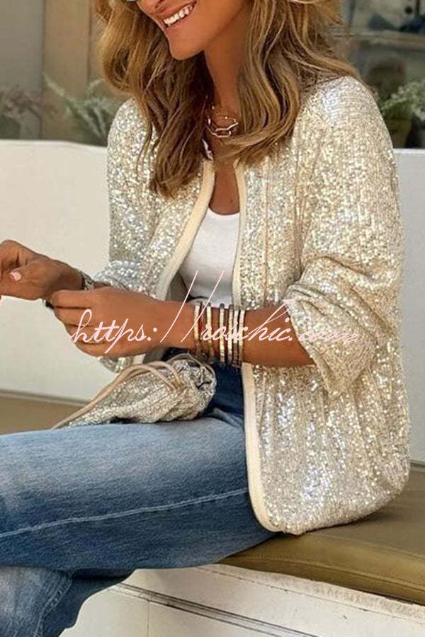 Sequin Zip-Up Long Sleeve Coat – Loose Fit Party Top