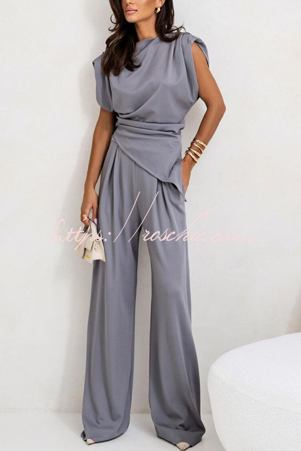 Ruched Shoulder Wide Leg Pants Set with Pockets