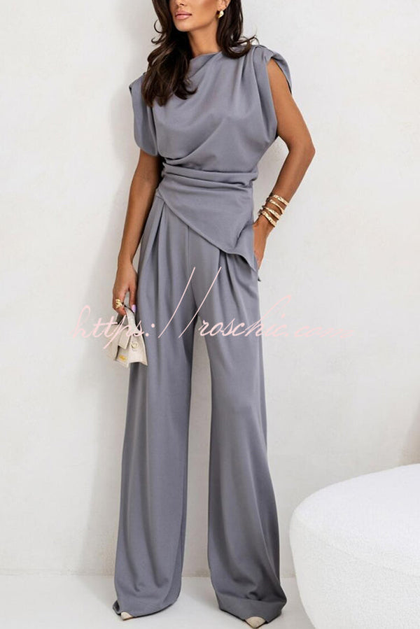Ensemble pantalon large à épaules froncées et poches