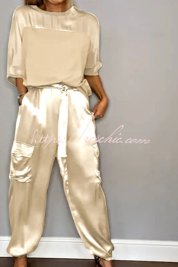 Satin Half-Sleeve Top & Elastic Waist Pants Set