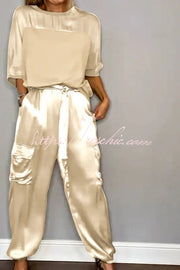 Satin Half-Sleeve Top & Elastic Waist Pants Set