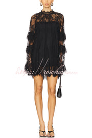 Lace Long-Sleeve See-Through Mini Dress – Loose Fit