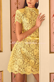 Yellow Lace Mini Dress with Bow Belt and Short Sleeves