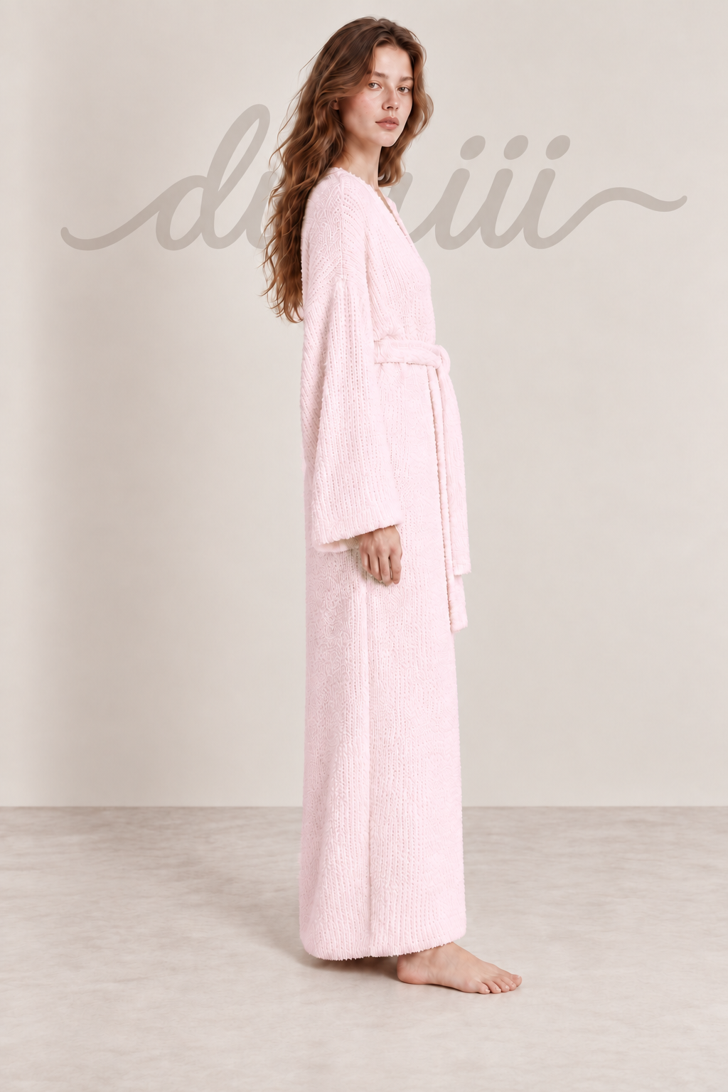 Textured Knit Full-Length Robe with Tie Belt