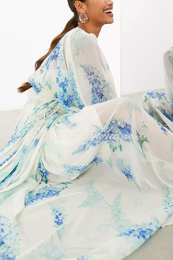 Chiffon Floral Maxi Dress with Drawstring Waist & Lantern Sleeves