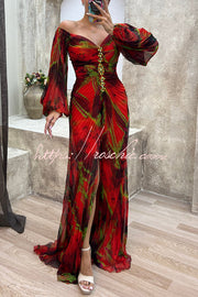 Off Shoulder Printed Pleated Maxi Dress with Diamond Detail