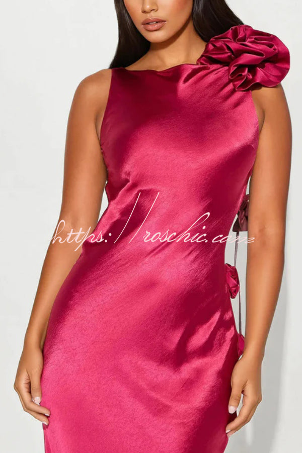Satin Floral Embellished Backless Maxi Dress – Slim Fit