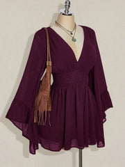 Gothic V-Neck Mini Dress - Long Sleeve Belted Fitted Dress