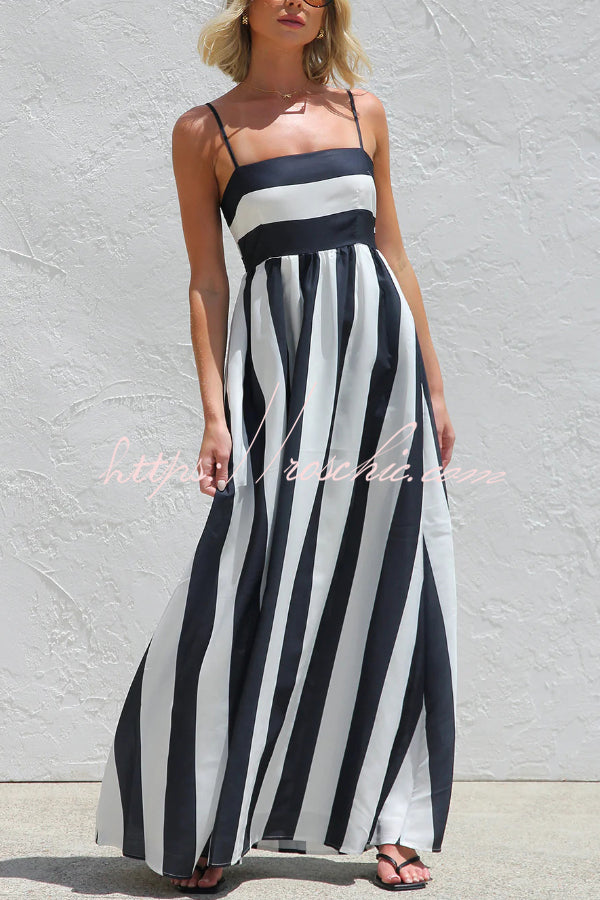 Color-Block Striped Maxi Dress with Square Neck and Pockets