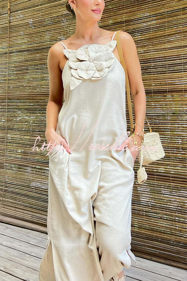 Linen Blend Floral Embellishment Maxi Dress with Pockets